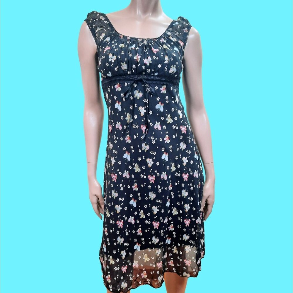 Vintage 90s Y2K Butterfly Print Dress Size S Empire Waist Black Chiffon Fairy